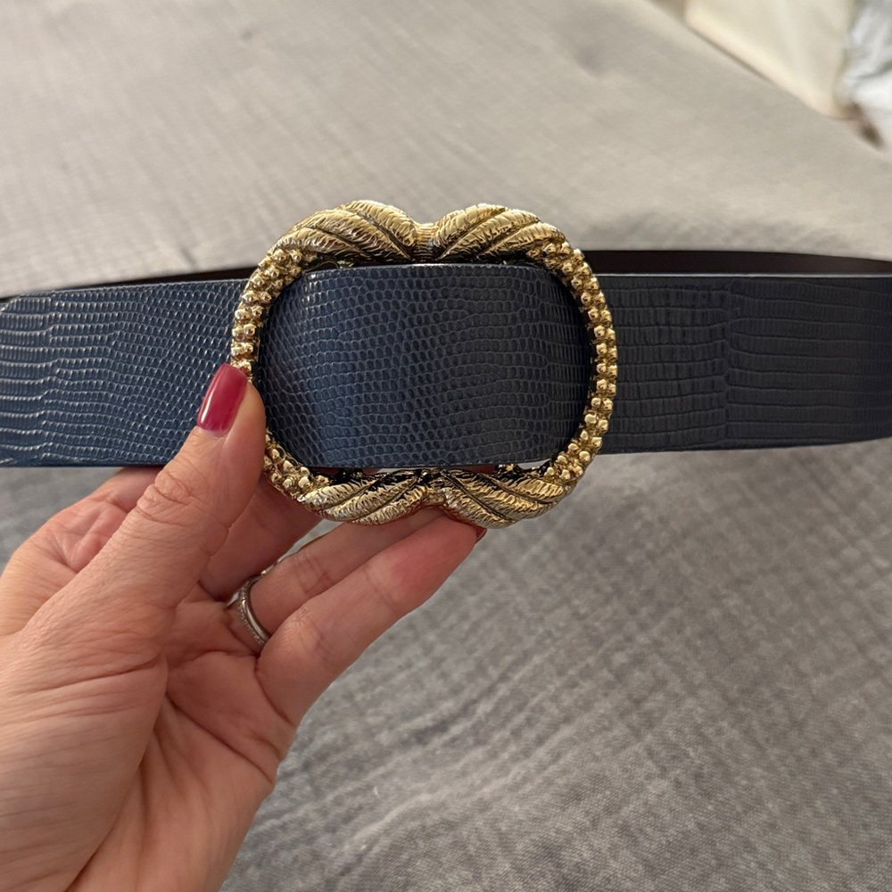 Sezane Artemis Belt Embossed Denim Blue Leather Size T.80